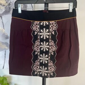 Anthropologie Skirt 0 Burgundy Black Embroidered Boho Floral Whimsigoth Academia